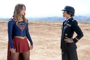 "Red Faced" -- Personal and professional stress get the better of Kara when she goes too far during a training exercise against Red Tornado, a military cyborg commissioned by Lucy Lane's father, General Sam Lane, on SUPERGIRL, Monday, Nov. 30 (8:00-9:00 PM, ET) on the CBS Television Network. Pictured left to right: Melissa Benoist and Jenna Dewan-Tatum Photo: Darren Michaels/CBS é2015 CBS Broadcasting, Inc. All Rights Reserved