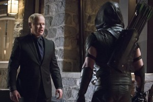 Arrow -- "Blood Debts" -- Image AR410a_0167b.jpg -- Pictured (L-R): Neal McDonough as Damien Darhk and Stephen Amell as The Arrow -- Photo: Katie Yu/ The CW -- é 2015 The CW Network, LLC. All Rights Reserved.